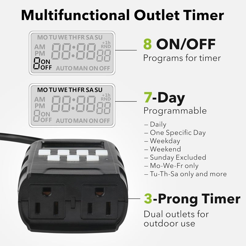 BN-LINK 7 Day Outdoor Heavy Duty Digital Programmable Timer, Outdoor Timer Outlet Waterproof, Grounded Electrical Outlets for Christmas Lights Lamps Ponds, 1875W 1/2HP, ETL Listed-2PACK - Image 2