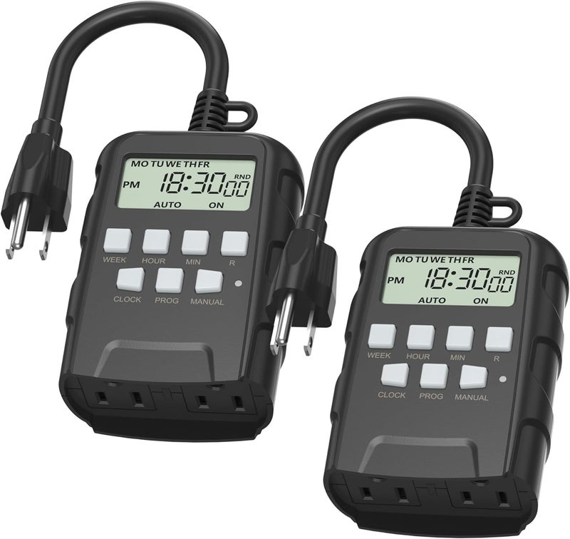 BN-LINK 7 Day Outdoor Heavy Duty Digital Programmable Timer, Outdoor Timer Outlet Waterproof, Grounded Electrical Outlets for Christmas Lights Lamps Ponds, 1875W 1/2HP, ETL Listed-2PACK - Image 1