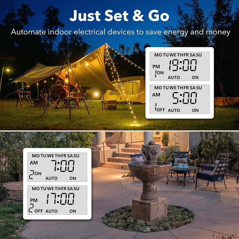 BN-LINK 7 Day Outdoor Heavy Duty Digital Programmable Timer, Outdoor Timer Outlet Waterproof, Grounded Electrical Outlets for Christmas Lights Lamps Ponds, 1875W 1/2HP, ETL Listed-2PACK - Image 5