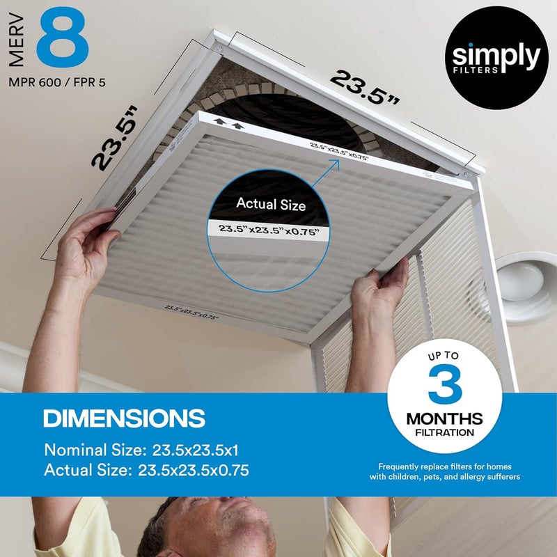 SIMPLY 23.5x23.5x1 Air Filter, Merv 8, 6 Pack, For Home AC Furnace & HVAC (Actual Size: 23.5x23.5x"x0.75") DUST, Pet, & Allergy Control - Image 3