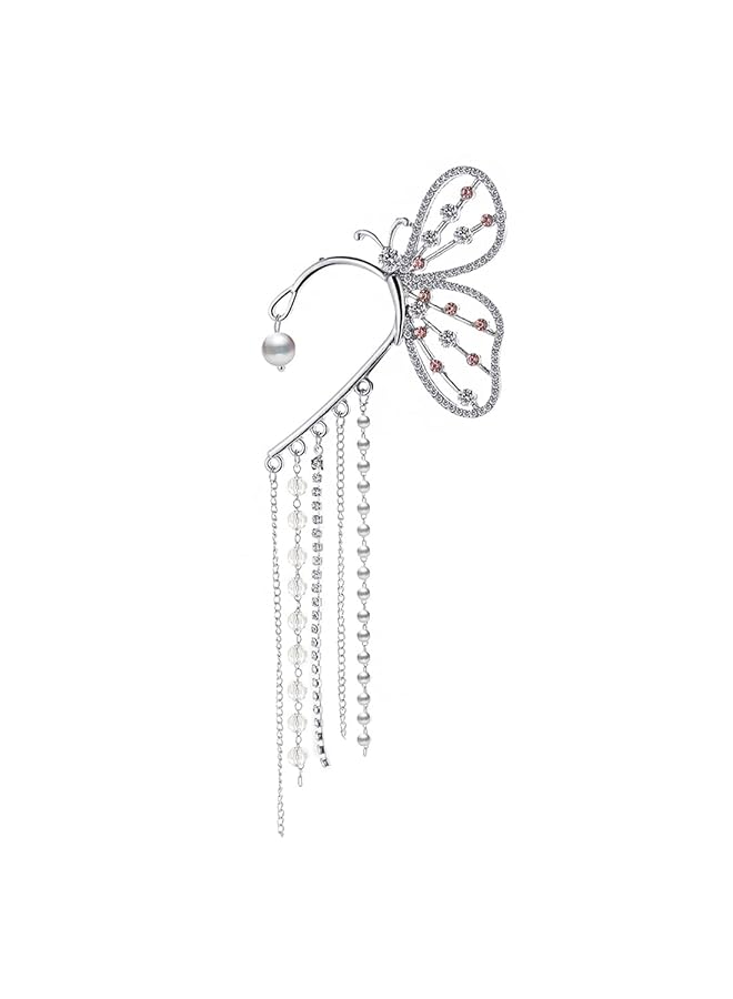 تشيميز أصفر أقراط أذن متدلية على شكل فراشة كبيرة فضية اللون مرصعة بسلسلة من الكريستال للنساء مقاس واحد من المعدن والكريستال - Image 1