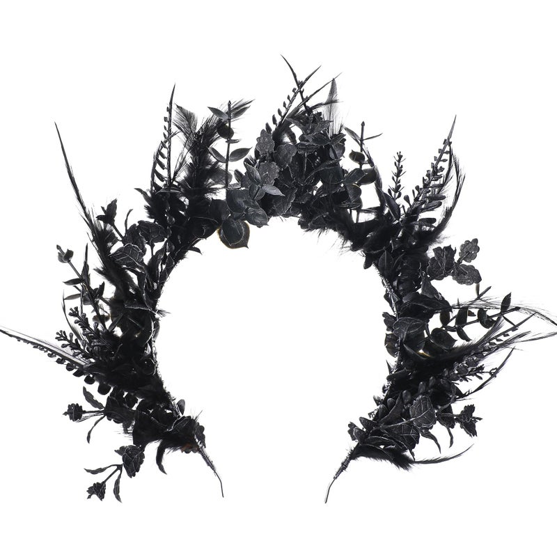 MOSTORY Black Flower Halo Crown Handmade Gothic Floral Headband with Feather for Women Witch Goth Wedding Dark Halo Headband for Renaissance Cosplay Photo Shoot - Image 2
