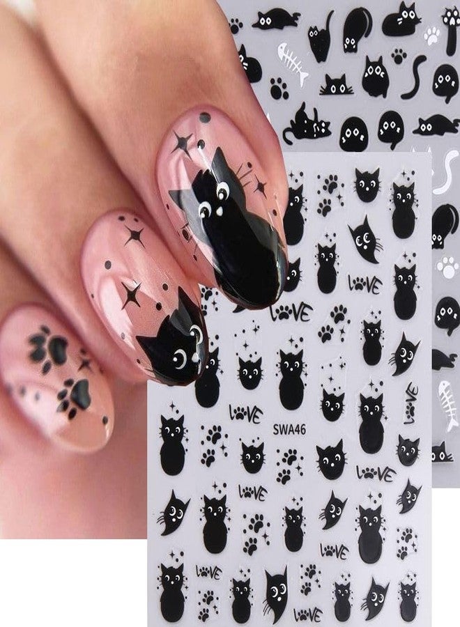 Cat Nail Art Sticker 4PCS Self-Adhesive Black White Animal Decals for Manicure Decorations - Cute Little Designs for Women Girls - Image 1