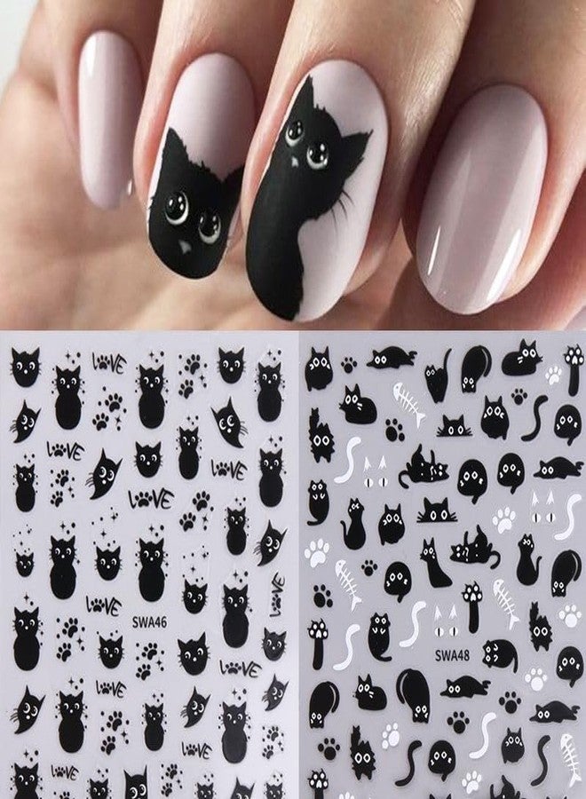 Cat Nail Art Sticker 4PCS Self-Adhesive Black White Animal Decals for Manicure Decorations - Cute Little Designs for Women Girls - Image 2