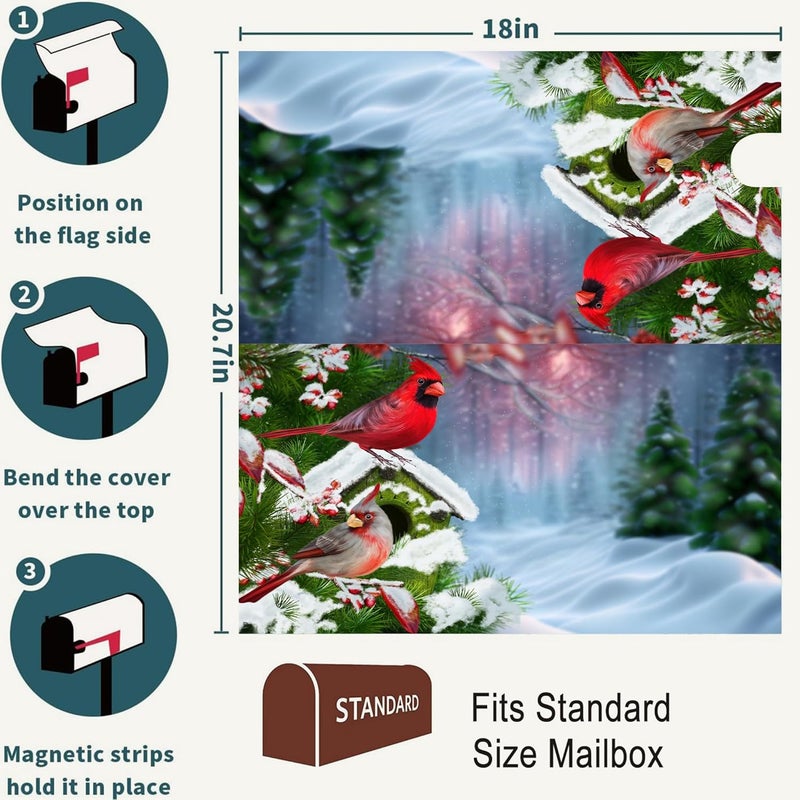 Identiy Christmas Red Cardinal Birds Mailbox Covers Magnetic Standard Size,Winter Cardinals Magnetic Mailbox Covers for Holiday Outside Yard Decor 18"x21" - Image 2