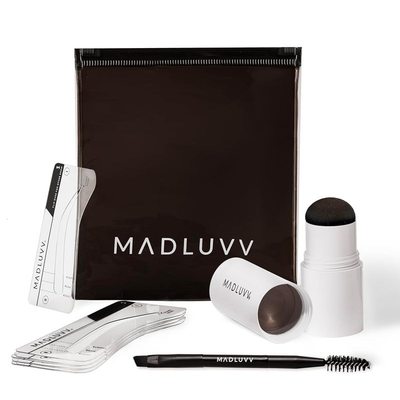 MADLUVV Eyebrow Stencil Kit  EasytoUse Natural Look 9 Popular Shapes Used by Professionals  Includes Stamp Stencils Spoolie and Travel Bag Medium Brown