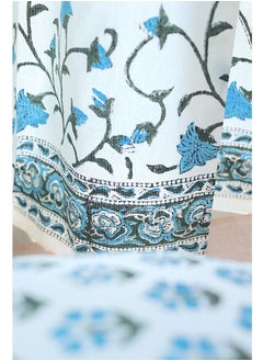 OJARIYA Blue and Green Flower and Stem Premium Organic Cotton Hand Block Printed Curtains 274 X 152 Cm  - Image 2