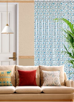 OJARIYA Blue and Green Flower and Stem Premium Organic Cotton Hand Block Printed Curtains 274 X 152 Cm  - Image 1