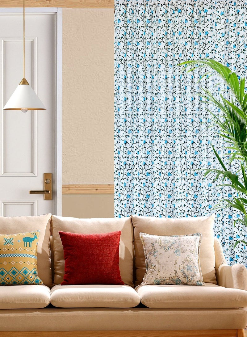 OJARIYA Blue and Green Flower and Stem Premium Organic Cotton Hand Block Printed Curtains 274 X 152 Cm  - Image 1