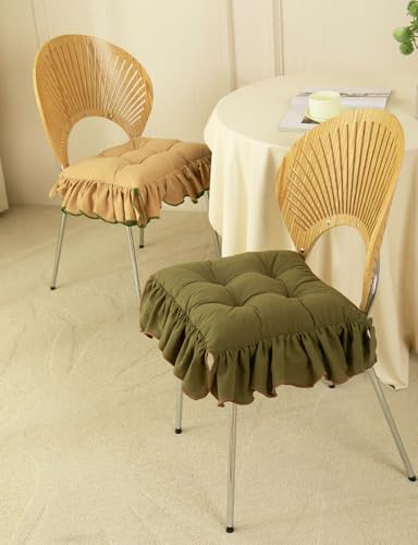 Huierxun Cotton Ruffles Chair Cushion for Dining Chairs Soft Comfortable Chair Pads with Ties Farmhouse Country Seat Cushion for Kitchen Chairs Office Chairs Green16x16 - Image 3