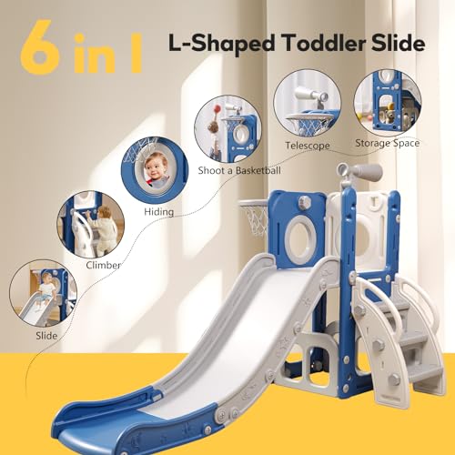 Baotree 6 in 1 Toddler Playset with Slide Kids Slide with Basketball Hoop Ball Ring Toss Indoor Outdoor Toys White Blue - Image 5