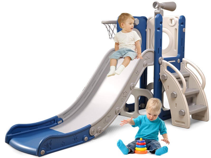 Baotree 6 in 1 Toddler Playset with Slide Kids Slide with Basketball Hoop Ball Ring Toss Indoor Outdoor Toys White Blue - Image 2