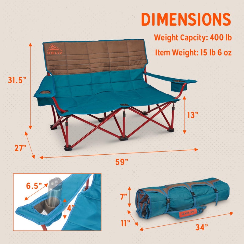 Kelty Low Loveseat Oversized 2-Person Heavy Duty Folding Camp Chair, Double Seat for Soccer Games, Tailgating, Beach Days (Low Height/Deep Lake) - Image 2
