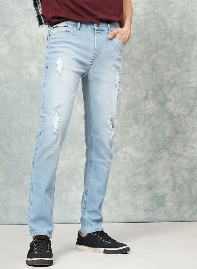 The Indian Garage Co The Indian Garage Co Men Blue Mid Rise Slim Fit Jeans with Distress