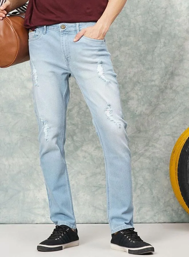 The Indian Garage Co The Indian Garage Co Men Blue Mid Rise Slim Fit Jeans with Distress