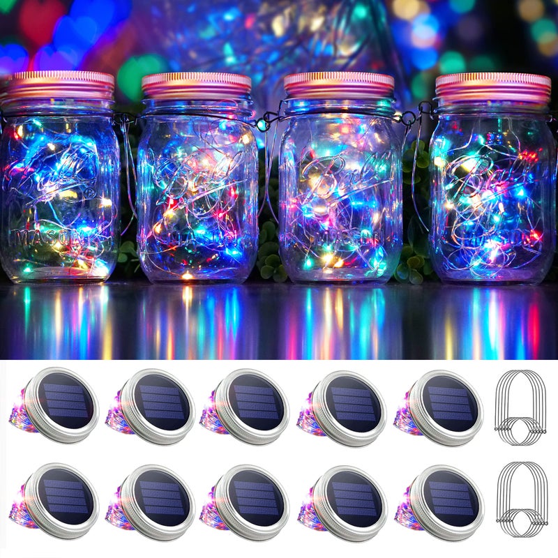 SmilingTown 30 LED 10 Packs Mason Jar Lights with Hangers Colorful Solar Mason Jar Lids Fairy String Light Outdoor for Patio Yard Garden Decor Christmas Wedding Party Lights (NO Jars) - Image 1