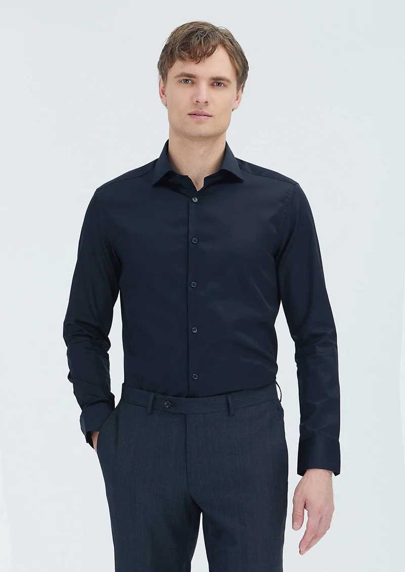 RAMSEY Black Plain Slim Fit Long Weaving Classical 100% Cotton Shirt