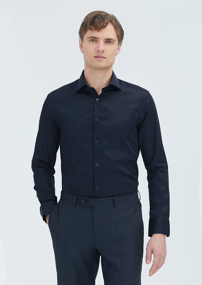 RAMSEY Black Plain Slim Fit Long Weaving Classical 100% Cotton Shirt