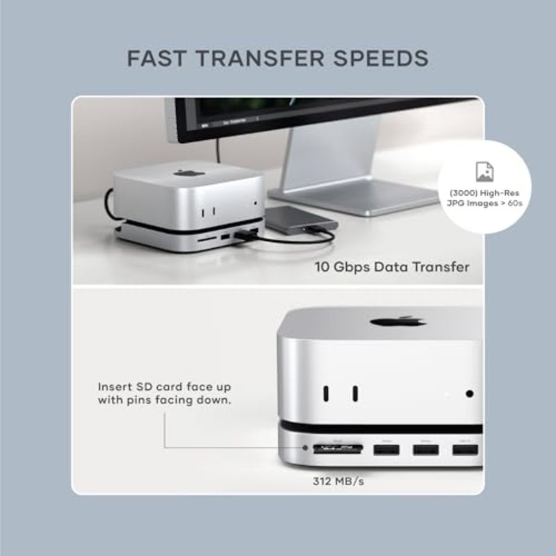 Mac Mini M4 Hub Stand with NVMe SSD Enclosure, 1 unit for Mac Mini M4/M4 Pro users, aluminum alloy, enhanced thermal dissipation, silver, 2×10Gbps USB-A + USB-A data port + SD card reader - Image 4