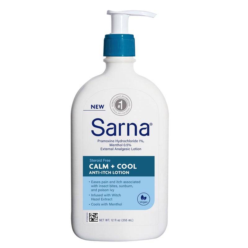 Sarna Calm Cool AntiItch Lotion Soothe and Relieve Pain and Itch from Insect Bites Sunburn Poison Ivy Contains 1 Pramoxine Hydrochloride 05 Menthol Vegan SteroidFree 12 oz