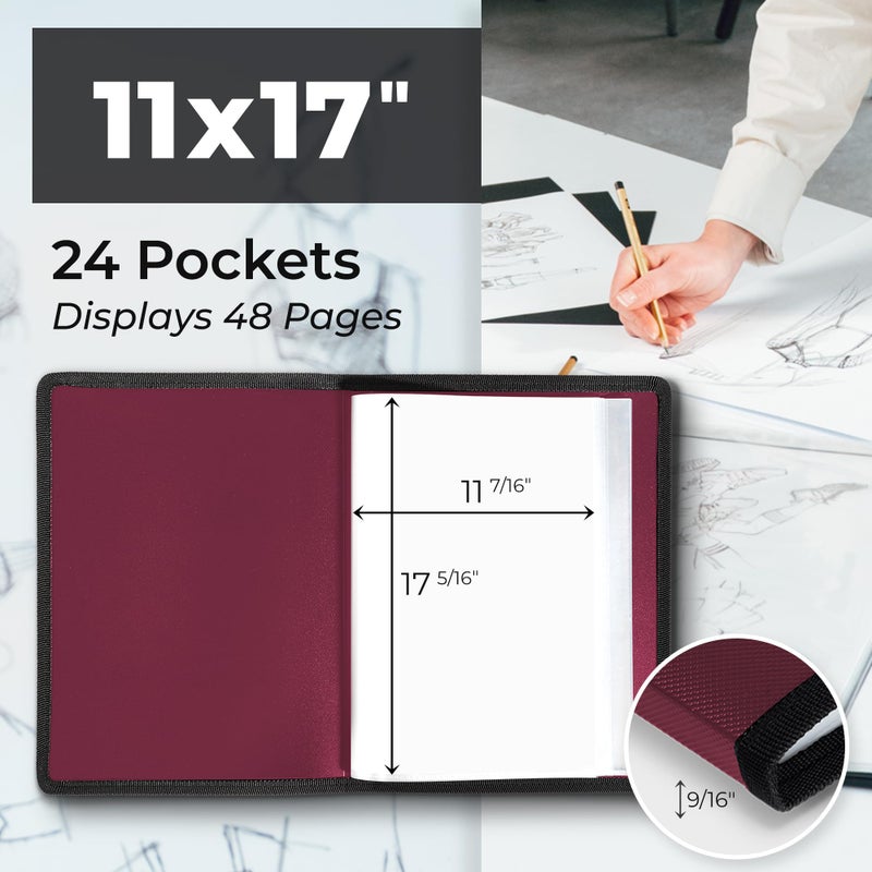 Dunwell 11x17 Art Portfolio Binder with Black Mounting Paper (Ruby), Large Portfolio Folder for Artwork Storage, 24 Clear Plastic Sleeves, Displays 48 Pages, Acid-Free Poly 11 x 17 Presentation Book - Image 2