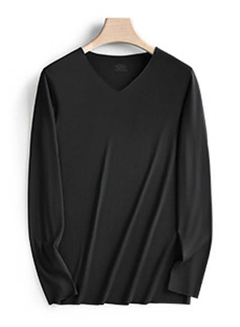 إسكدنيا Mens Solid Color Soft Seamless V-Neck Thermal Underwear Shirt Cold Weather Base Layer,Long Sleeve T-Shirt Black 
