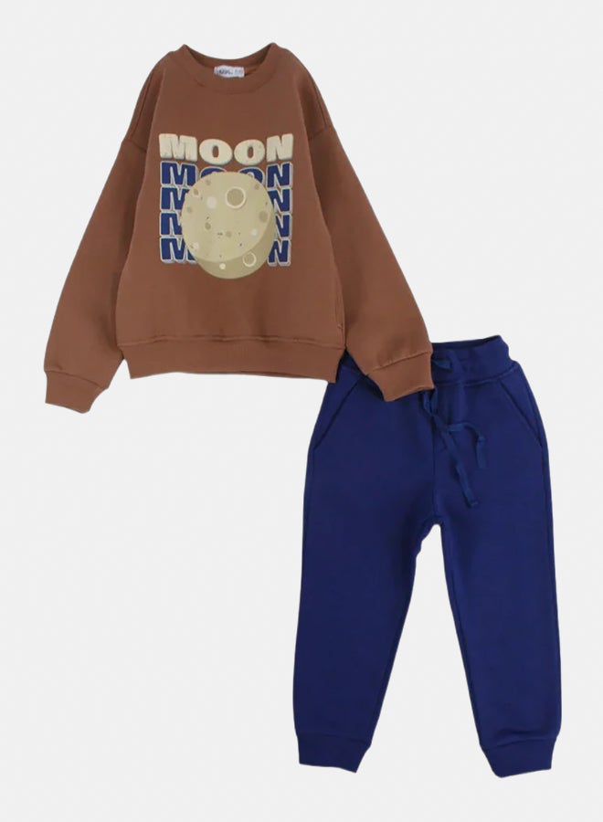 Our kids Boys Cotton Pajama Set – Brown with Moon Print - Image 1