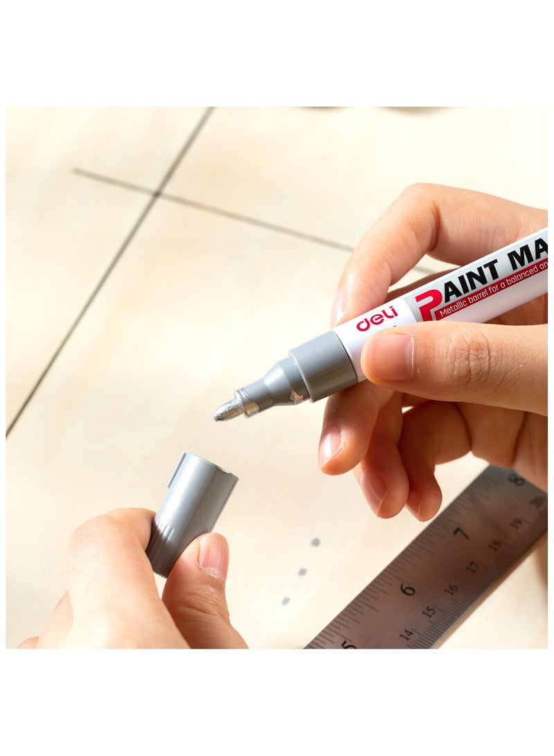 Deli EU500-SL Paint Marker Silver 12pcs/box- ideal for marking on metal, glass, plastic, and wood - Image 5