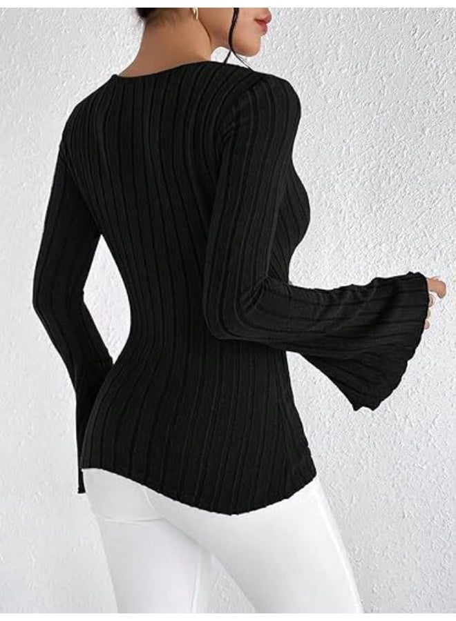 general Ribbed stripe V-neck fitted long-sleeved women's t-shirt - Image 2