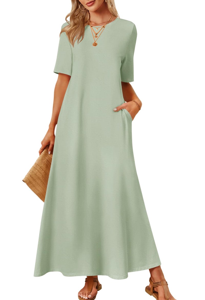 MEROKEETY Summer Spring Maxi Dresses for Women 2026 Casual Vacation Crew Neck Short Sleeve Long T Shirt Dress with Pockets, Sage Green, Large - Image 1