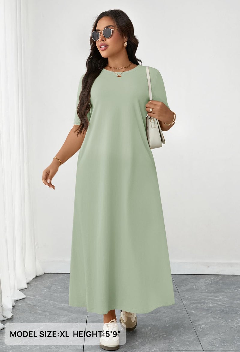 MEROKEETY Summer Spring Maxi Dresses for Women 2026 Casual Vacation Crew Neck Short Sleeve Long T Shirt Dress with Pockets, Sage Green, Large - Image 4