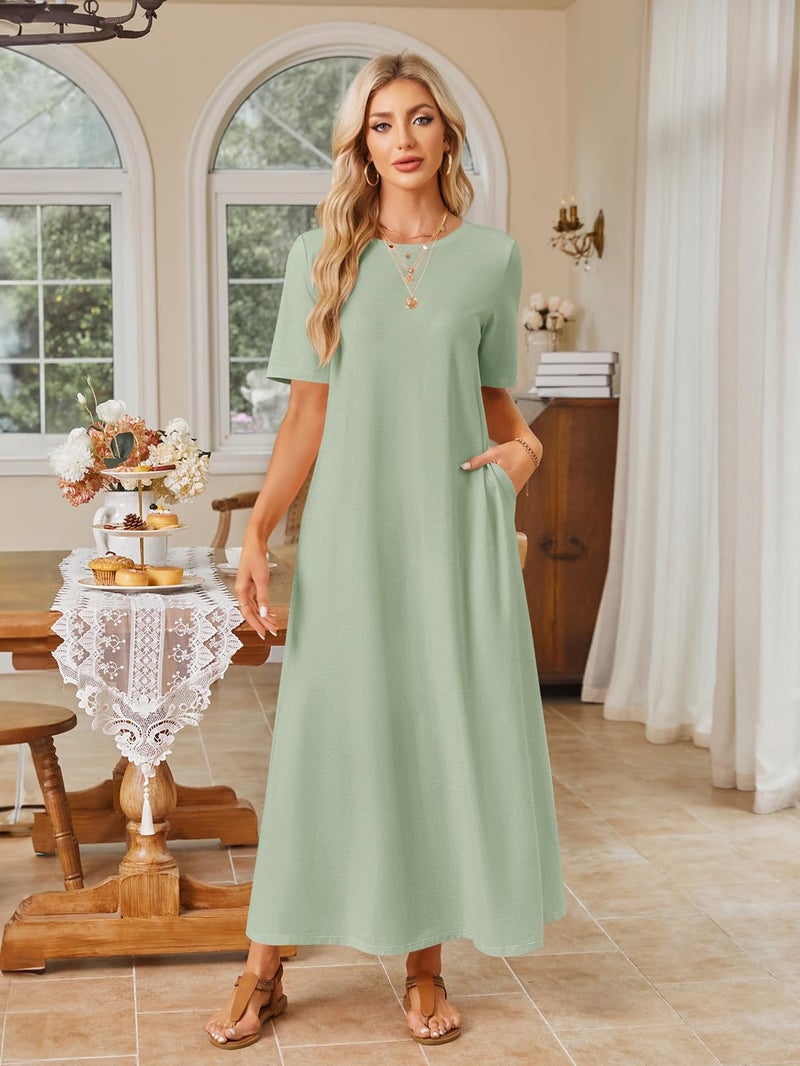 MEROKEETY Summer Spring Maxi Dresses for Women 2026 Casual Vacation Crew Neck Short Sleeve Long T Shirt Dress with Pockets, Sage Green, Large - Image 5