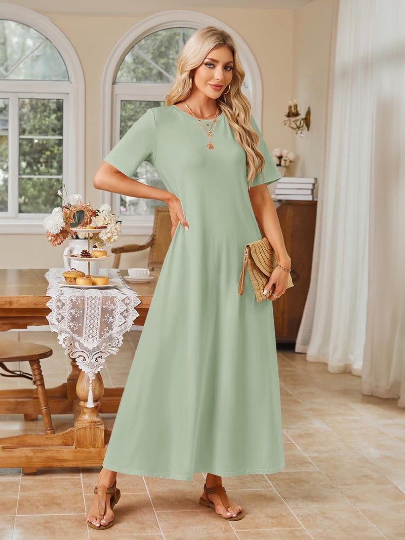 MEROKEETY Summer Spring Maxi Dresses for Women 2026 Casual Vacation Crew Neck Short Sleeve Long T Shirt Dress with Pockets, Sage Green, Large - Image 2