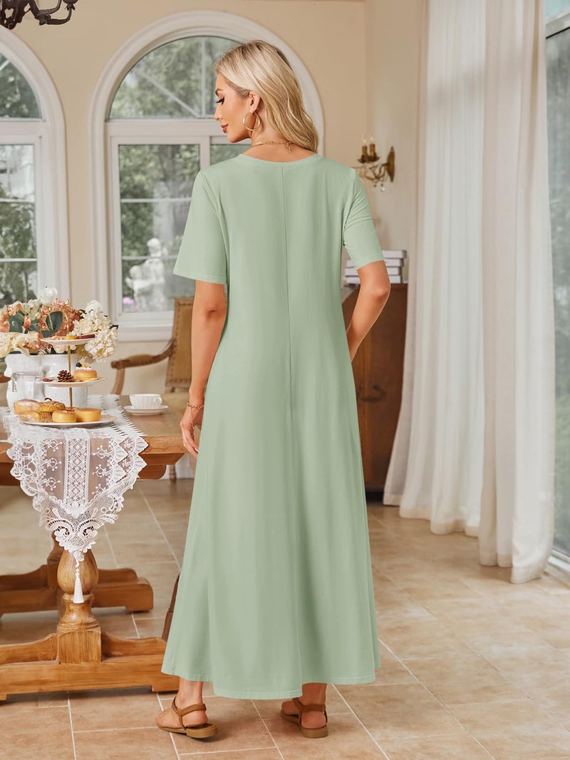 MEROKEETY Summer Spring Maxi Dresses for Women 2026 Casual Vacation Crew Neck Short Sleeve Long T Shirt Dress with Pockets, Sage Green, Large - Image 3