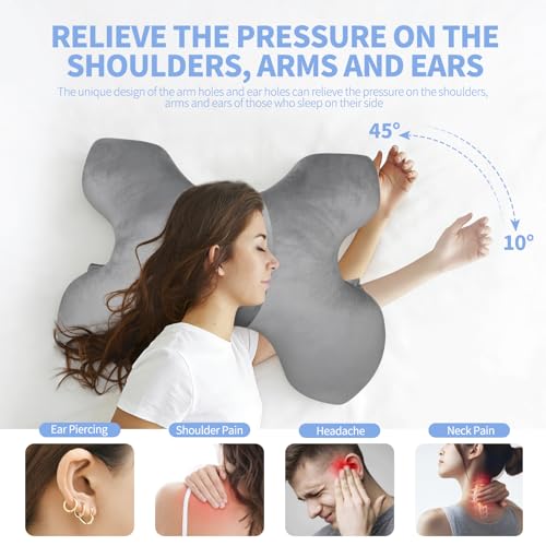 Swaycy Side Sleeper Pillow for Shoulder Pain and Ear Piercing Pillow, Ergonomic Cotton Orthopedic Pillow for Neck Pain Relief, Pressure Release for Pierced Ears & Rotator Cuff, ldeal for Side Sleepers (Gray) - Image 4