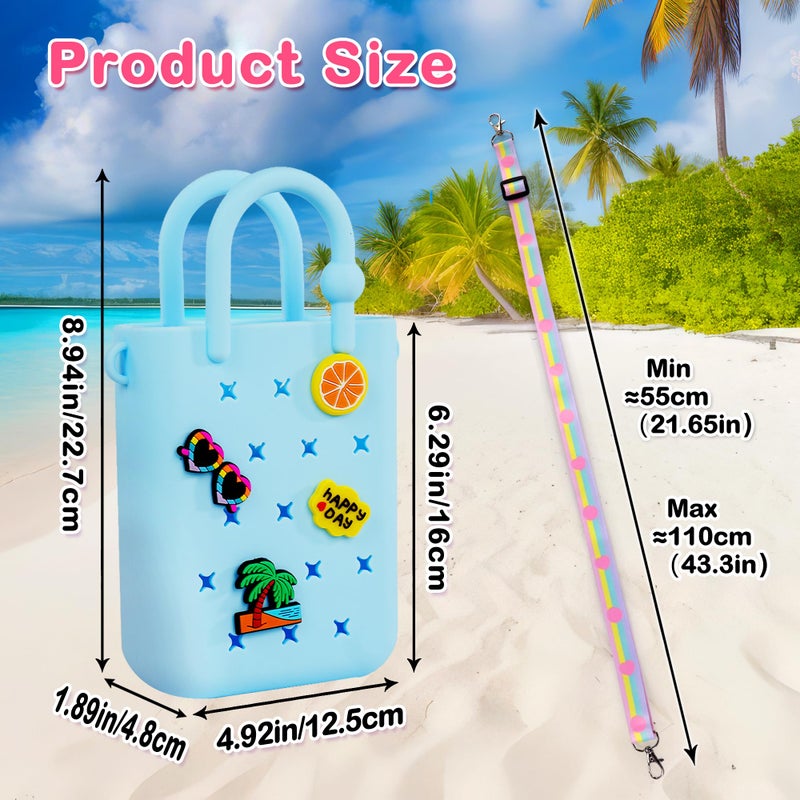 Oudizz Mini Rubber Tote Bag, EVA Waterproof Beach Tote for Little Girls And Woman, Silicone Hole Small Bag for Travel Outdoor, Cute Rubber Beach Bag with 20 Charms & Adjustable Shoulder Strap - Image 4