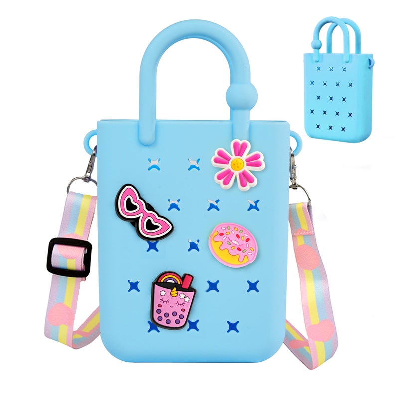 Oudizz Mini Rubber Tote Bag, EVA Waterproof Beach Tote for Little Girls And Woman, Silicone Hole Small Bag for Travel Outdoor, Cute Rubber Beach Bag with 20 Charms & Adjustable Shoulder Strap - Image 1