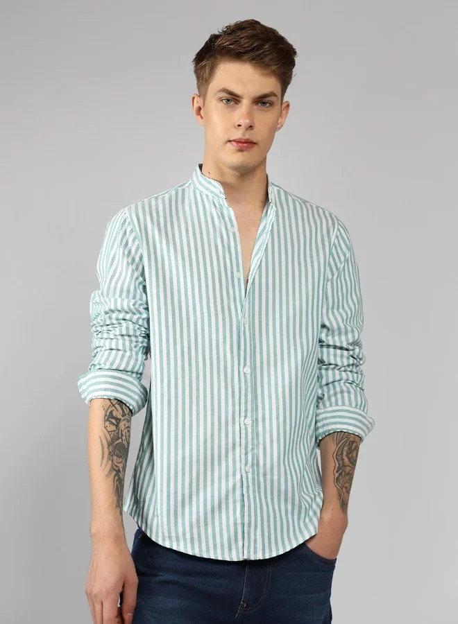 Dennis Lingo Men's Green 100% Cotton Striped Regular FiT-Shirt