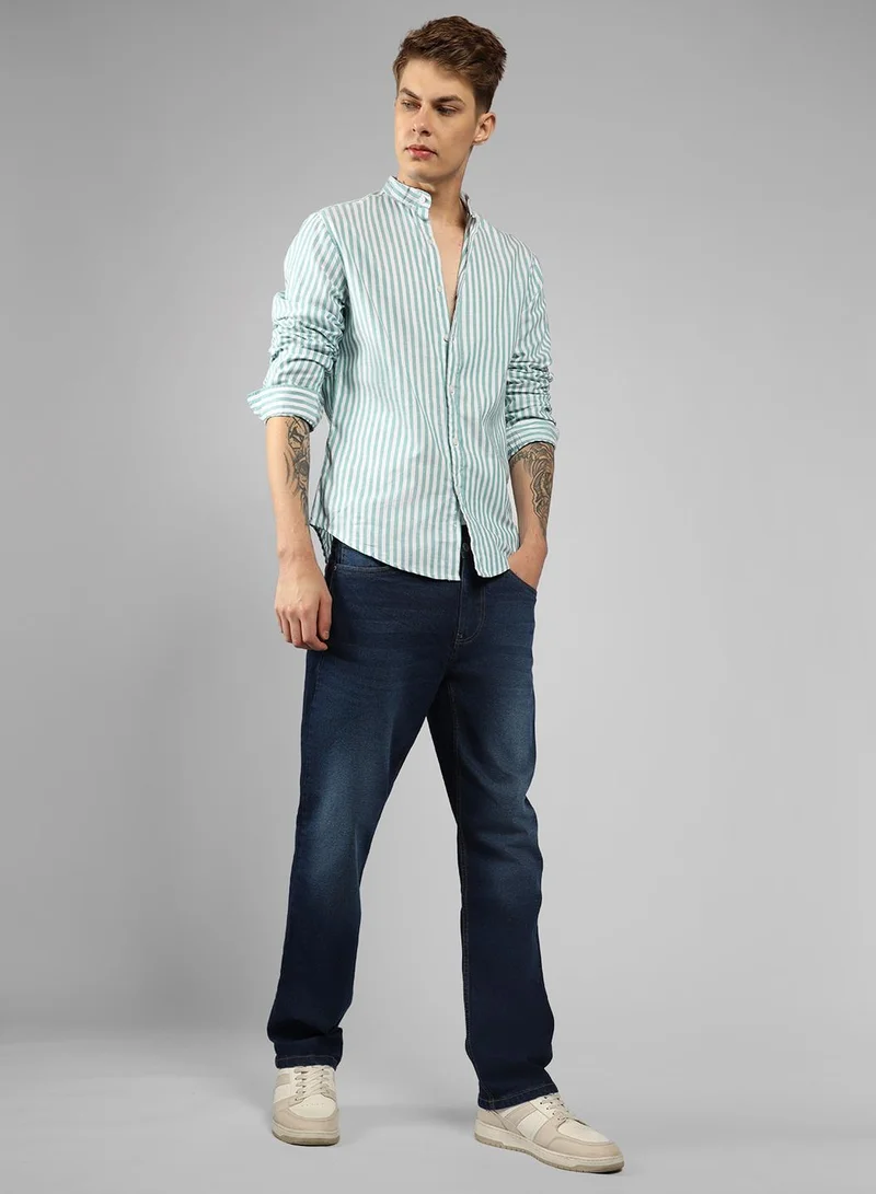 Dennis Lingo Men's Green 100% Cotton Striped Regular FiT-Shirt