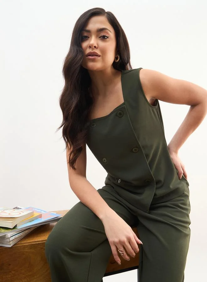 Sassafras Olive Sleeveless Button Top And Straight Trousers Co-Ord Set