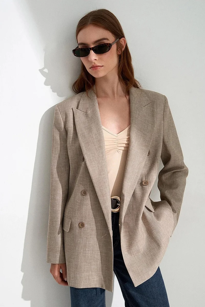 Dilvin Beige Natural DILVIN Long Shawl Collar Crepe Blazer for Women | Best Price UAE