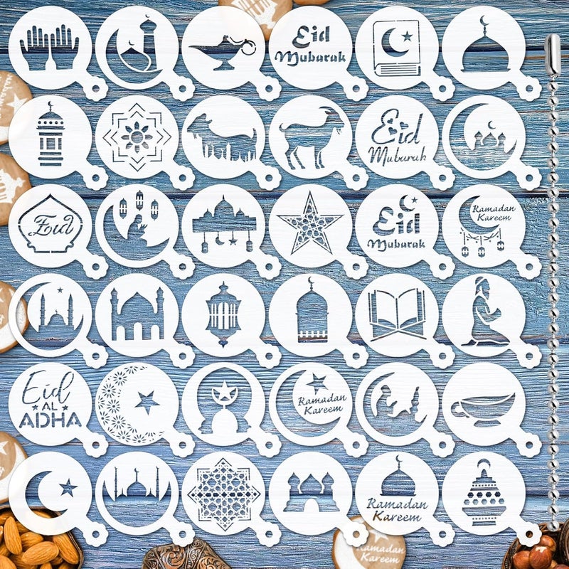 JULBEAR 36 Pieces Reusable Eid Mubarak Cookie Cake Stencils, Ramadan Stencil Templates Mold Tools for Cookies Coffee DIY Eid Mubarak Holiday Baking Painting Dessert Craft Decoration - Image 1