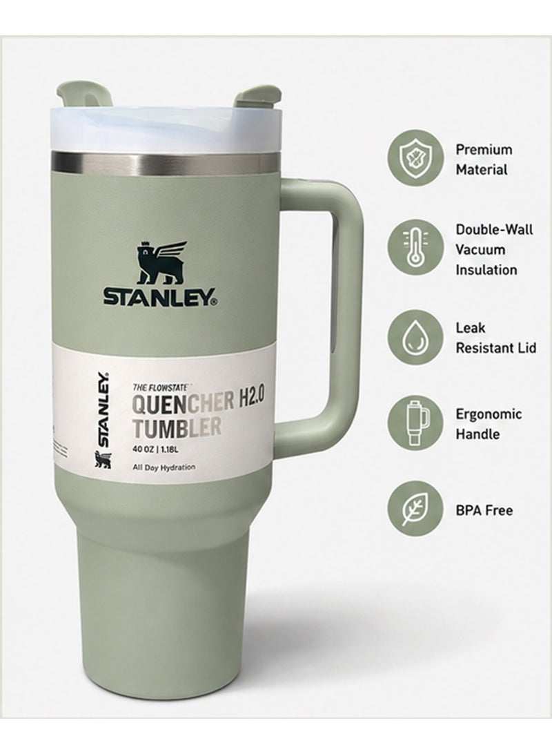 ستانلي كوب ستانلي FlowState Quencher H2.0 بسعة 40 أونصة (1.18 لتر) بمقبض وغطاء مزود بفتحة للشفاط – ستانلس ستيل معزول باللون الأخضر الهادئ - Image 2