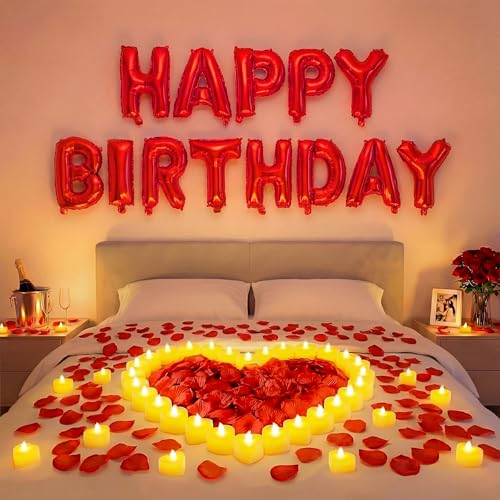 Charnoel Red Happy Birthday Balloons Decorations Happy Birthday Letter Balloons Banner Set with 24pcs Heart Flameless LED Candles and 2000pcs Artificial Rose Petals for Women Men Room Party Decor - Image 1