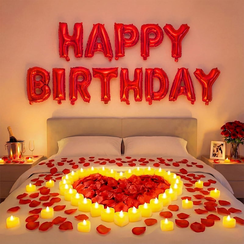 Charnoel Red Happy Birthday Balloons Decorations Happy Birthday Letter Balloons Banner Set with 24pcs Heart Flameless LED Candles and 2000pcs Artificial Rose Petals for Women Men Room Party Decor - Image 3