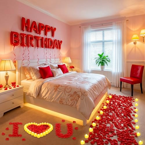 Charnoel Red Happy Birthday Balloons Decorations Happy Birthday Letter Balloons Banner Set with 24pcs Heart Flameless LED Candles and 2000pcs Artificial Rose Petals for Women Men Room Party Decor - Image 5