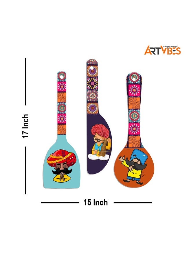Artvibes Wooden Wall Hanger for Home | Office | Living Room | Gift | Modern Decoration Items | Kitchen Wall Decor |Rajasthani Culture Home Decor Hanging Items (WH_5012N), Set of 3 - Image 5