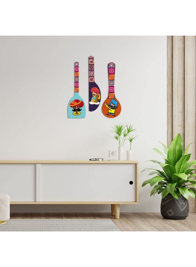 Artvibes Wooden Wall Hanger for Home | Office | Living Room | Gift | Modern Decoration Items | Kitchen Wall Decor |Rajasthani Culture Home Decor Hanging Items (WH_5012N), Set of 3 - Image 2
