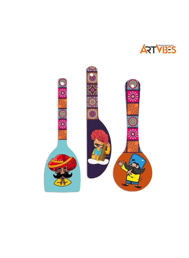 Artvibes Wooden Wall Hanger for Home | Office | Living Room | Gift | Modern Decoration Items | Kitchen Wall Decor |Rajasthani Culture Home Decor Hanging Items (WH_5012N), Set of 3 - Image 4