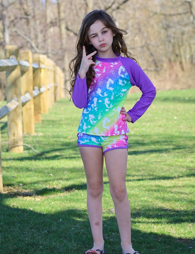 TUONROAD Girls Rash Guard 2-Piece Swimsuit Set Teens Mermaid Printed O Neck Long Sleeve for 6 7 Yrs Old Kids Bikini with UPF 50+ Sun Protection for Pool Beach Party - Image 3